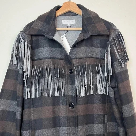 NWT Something Navy Charcoal Combo Plaid Fringe Shacket Size XL Women
